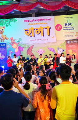 A vibrant and engaging concert scene showcasing a backdrop of the book 'সূত্রজগৎ' by Bondi Pathshala