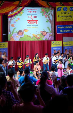 A vibrant and engaging concert scene showcasing a backdrop of the book 'সূত্রজগৎ' by Bondi Pathshala
