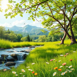 A serene natural landscape depicting various sources of sounds in nature, including a babbling brook with gently flowing water, rustling leaves in a lush green forest, chirping birds perched on branches, and distant mountains echoing the sounds of nature