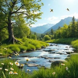 A serene natural landscape depicting various sources of sounds in nature, including a babbling brook with gently flowing water, rustling leaves in a lush green forest, chirping birds perched on branches, and distant mountains echoing the sounds of nature