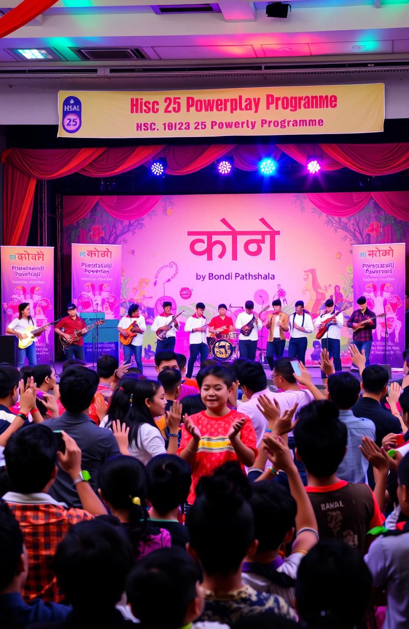 A vibrant and engaging concert scene showcasing a backdrop of the book 'সূত্রজগৎ' by Bondi Pathshala