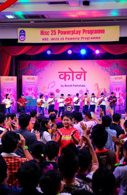 A vibrant and engaging concert scene showcasing a backdrop of the book 'সূত্রজগৎ' by Bondi Pathshala