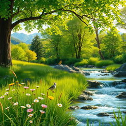 A serene natural landscape depicting various sources of sounds in nature, including a babbling brook with gently flowing water, rustling leaves in a lush green forest, chirping birds perched on branches, and distant mountains echoing the sounds of nature