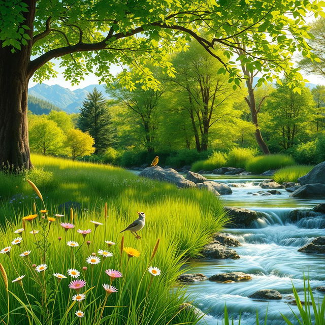 A serene natural landscape depicting various sources of sounds in nature, including a babbling brook with gently flowing water, rustling leaves in a lush green forest, chirping birds perched on branches, and distant mountains echoing the sounds of nature