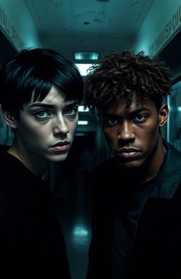 A shadowy and gloomy high school setting featuring two individuals in a tense atmosphere