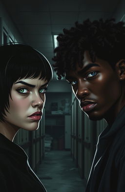 A shadowy and gloomy high school setting featuring two individuals in a tense atmosphere