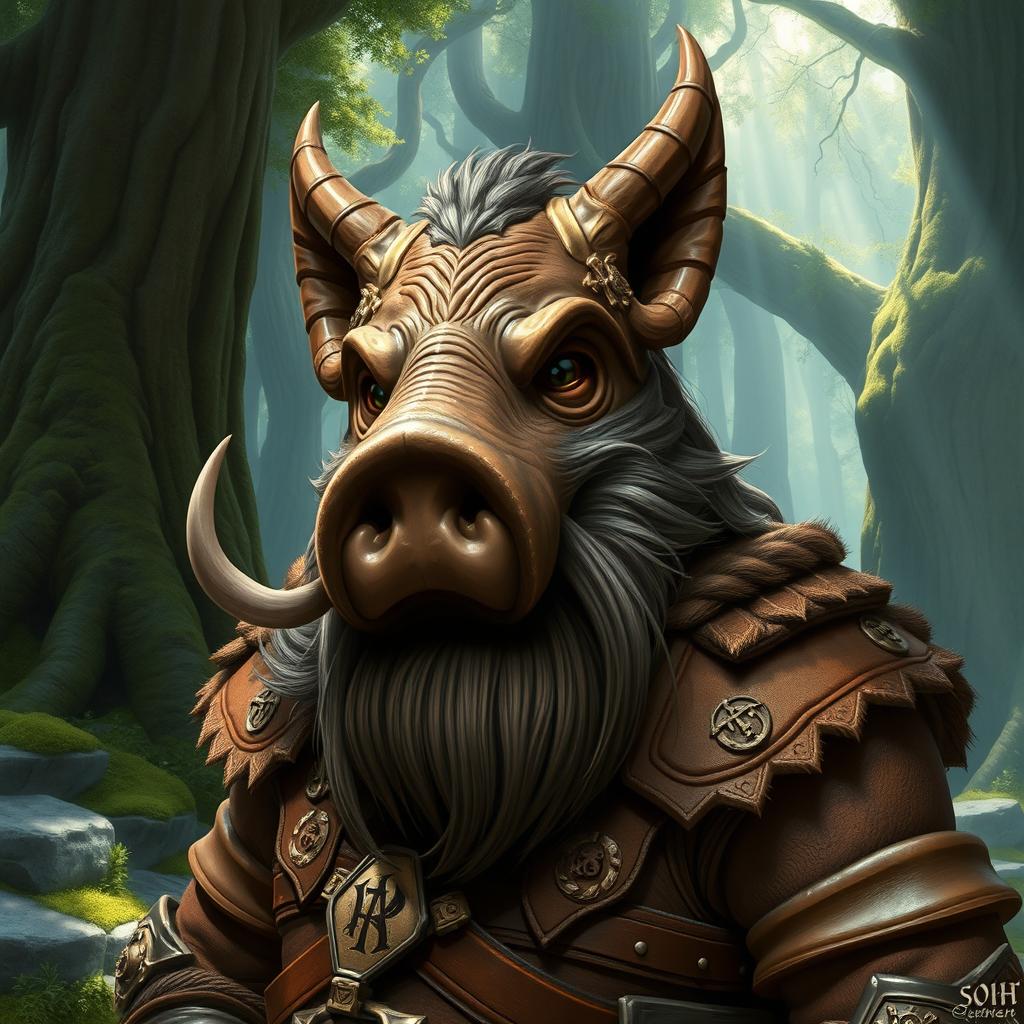 A stoic dwarf character wearing an intricately designed boar mask, portraying strength and resilience in a fantasy setting