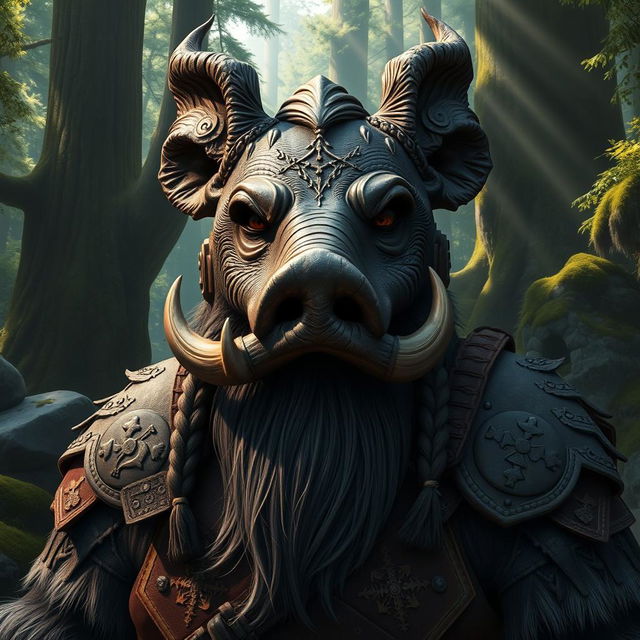 A stoic dwarf character wearing an intricately designed boar mask, portraying strength and resilience in a fantasy setting