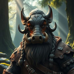 A stoic dwarf character wearing an intricately designed boar mask, portraying strength and resilience in a fantasy setting