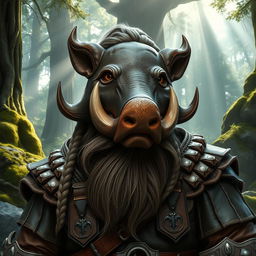 A stoic dwarf character wearing an intricately designed boar mask, portraying strength and resilience in a fantasy setting