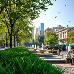 A tranquil urban scene showcasing natural sources of sounds in a city, focusing on elements like rustling leaves from trees lining the streets, birds chirping in the park, a gentle breeze, flowing water from fountains, and soft distant laughter from people enjoying outdoor cafés