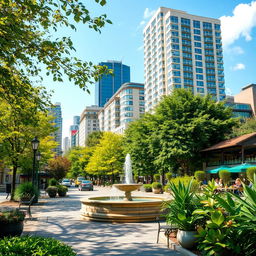 A tranquil urban scene showcasing natural sources of sounds in a city, focusing on elements like rustling leaves from trees lining the streets, birds chirping in the park, a gentle breeze, flowing water from fountains, and soft distant laughter from people enjoying outdoor cafés