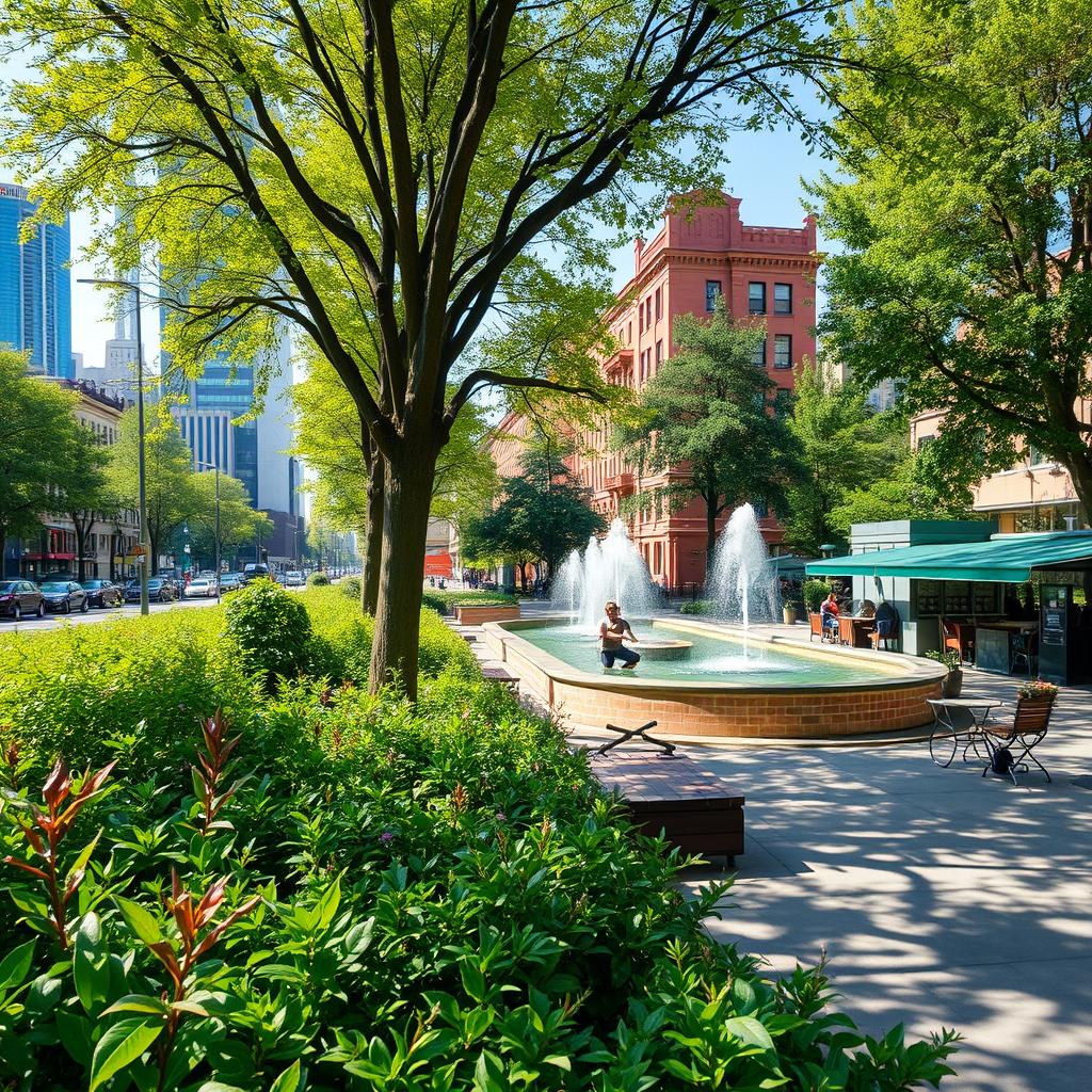A tranquil urban scene showcasing natural sources of sounds in a city, focusing on elements like rustling leaves from trees lining the streets, birds chirping in the park, a gentle breeze, flowing water from fountains, and soft distant laughter from people enjoying outdoor cafés