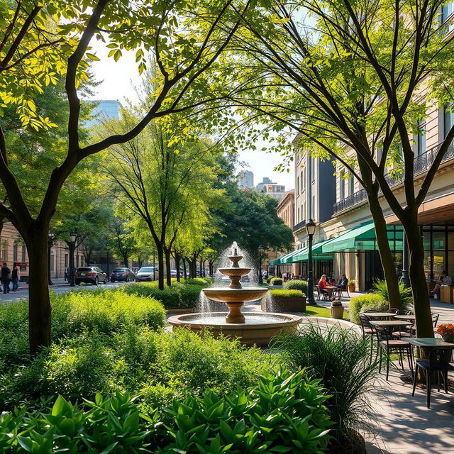 A tranquil urban scene showcasing natural sources of sounds in a city, focusing on elements like rustling leaves from trees lining the streets, birds chirping in the park, a gentle breeze, flowing water from fountains, and soft distant laughter from people enjoying outdoor cafés