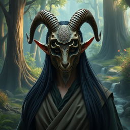 A stoic elf character wearing an intricately crafted goat mask, set against a lush fantasy backdrop