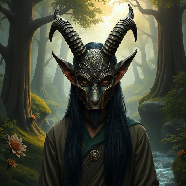 A stoic elf character wearing an intricately crafted goat mask, set against a lush fantasy backdrop