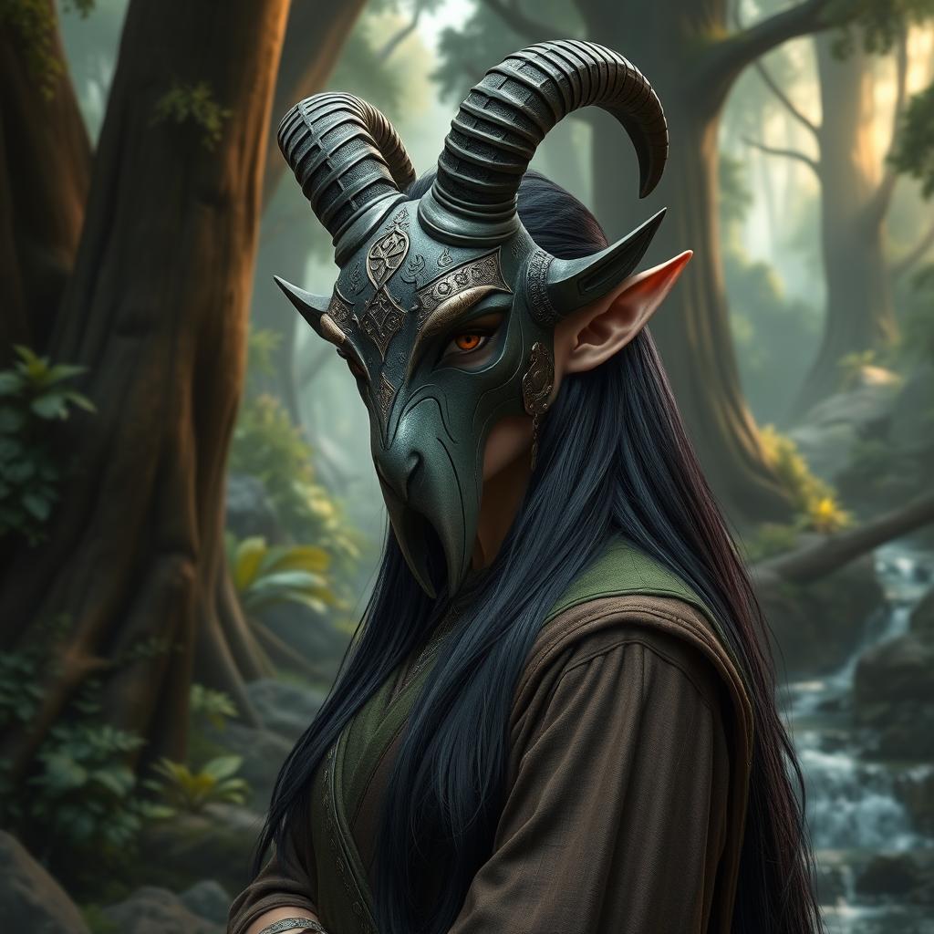 A stoic elf character wearing an intricately crafted goat mask, set against a lush fantasy backdrop