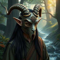 A stoic elf character wearing an intricately crafted goat mask, set against a lush fantasy backdrop
