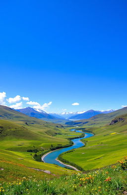 A stunning landscape featuring a lush valley with rolling hills, vibrant green fields dotted with colorful wildflowers