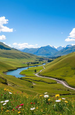 A stunning landscape featuring a lush valley with rolling hills, vibrant green fields dotted with colorful wildflowers