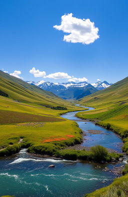A stunning landscape featuring a lush valley with rolling hills, vibrant green fields dotted with colorful wildflowers