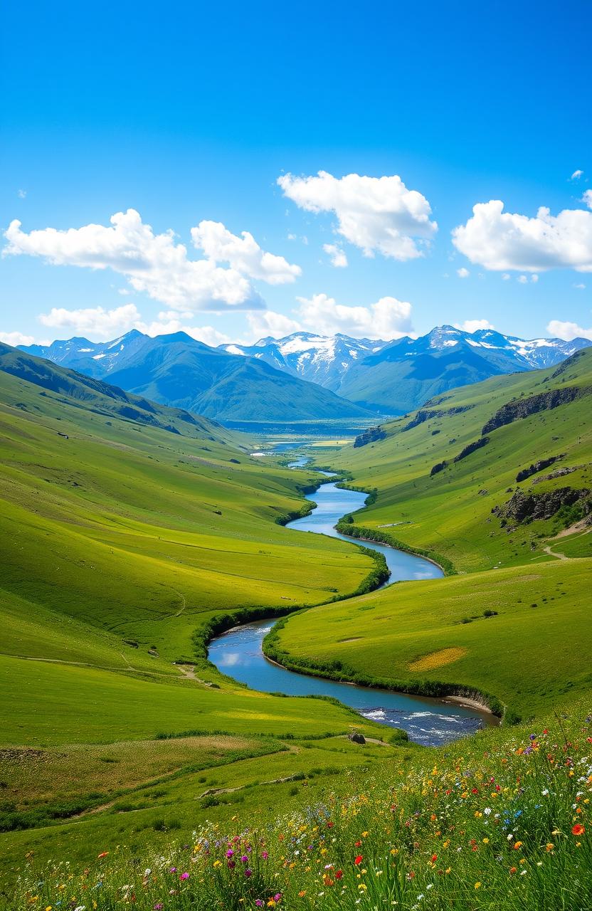 A stunning landscape featuring a lush valley with rolling hills, vibrant green fields dotted with colorful wildflowers