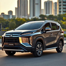 A sleek and modern Mitsubishi Xpander parked in an urban setting, showcasing its dynamic design and stylish curves