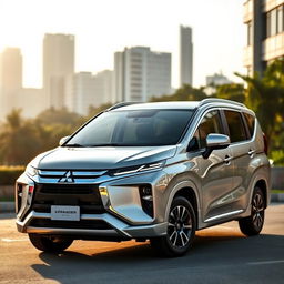 A sleek and modern Mitsubishi Xpander parked in an urban setting, showcasing its dynamic design and stylish curves