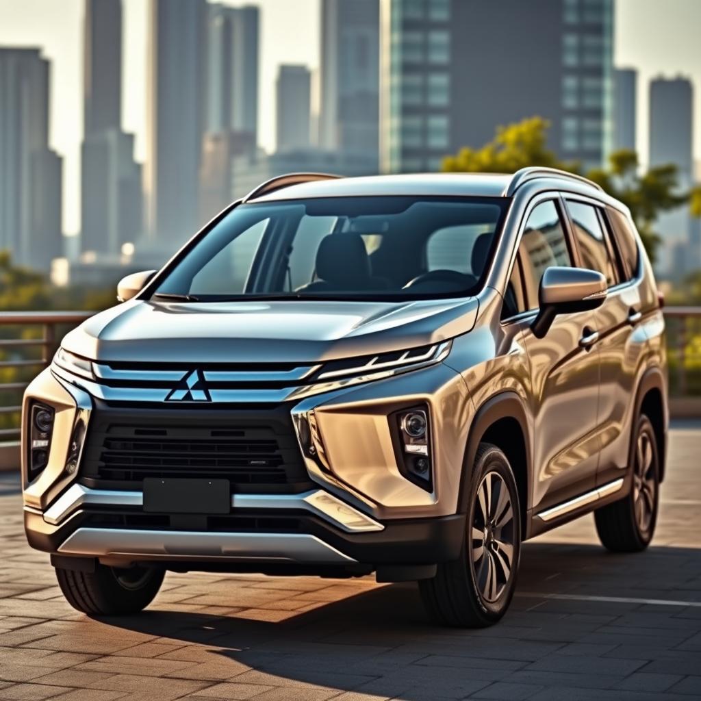 A sleek and modern Mitsubishi Xpander parked in an urban setting, showcasing its dynamic design and stylish curves