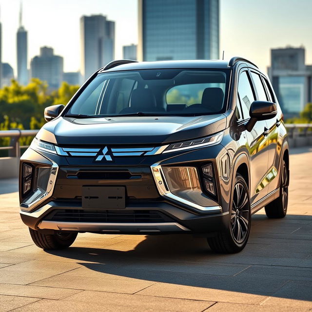 A sleek and modern Mitsubishi Xpander parked in an urban setting, showcasing its dynamic design and stylish curves