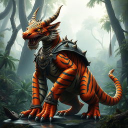 A striking dragonborn-tiger hybrid character exuding both majesty and power in a fantasy setting