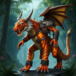 A striking dragonborn-tiger hybrid character exuding both majesty and power in a fantasy setting