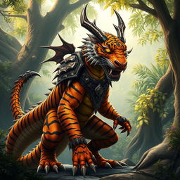 A striking dragonborn-tiger hybrid character exuding both majesty and power in a fantasy setting