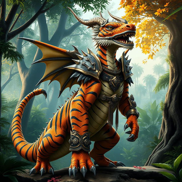 A striking dragonborn-tiger hybrid character exuding both majesty and power in a fantasy setting