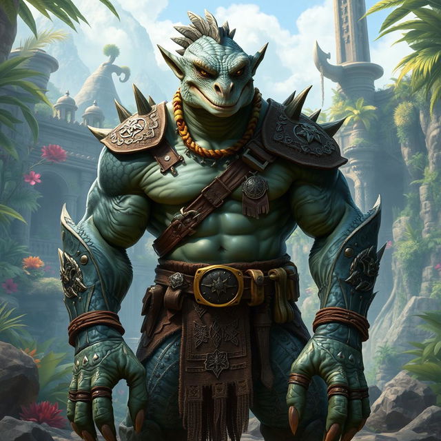 A fierce half-orc-lizard hybrid creature standing proudly in a fantastical landscape