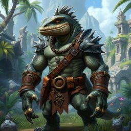 A fierce half-orc-lizard hybrid creature standing proudly in a fantastical landscape