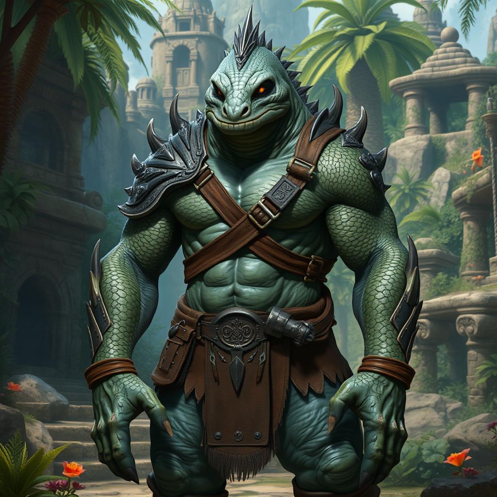 A fierce half-orc-lizard hybrid creature standing proudly in a fantastical landscape