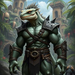 A fierce half-orc-lizard hybrid creature standing proudly in a fantastical landscape