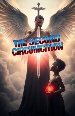 An angelic black man with a serene expression and majestic wings, standing tall with a raised double-edged sword, facing a young black boy who is projecting a glowing heart from his chest