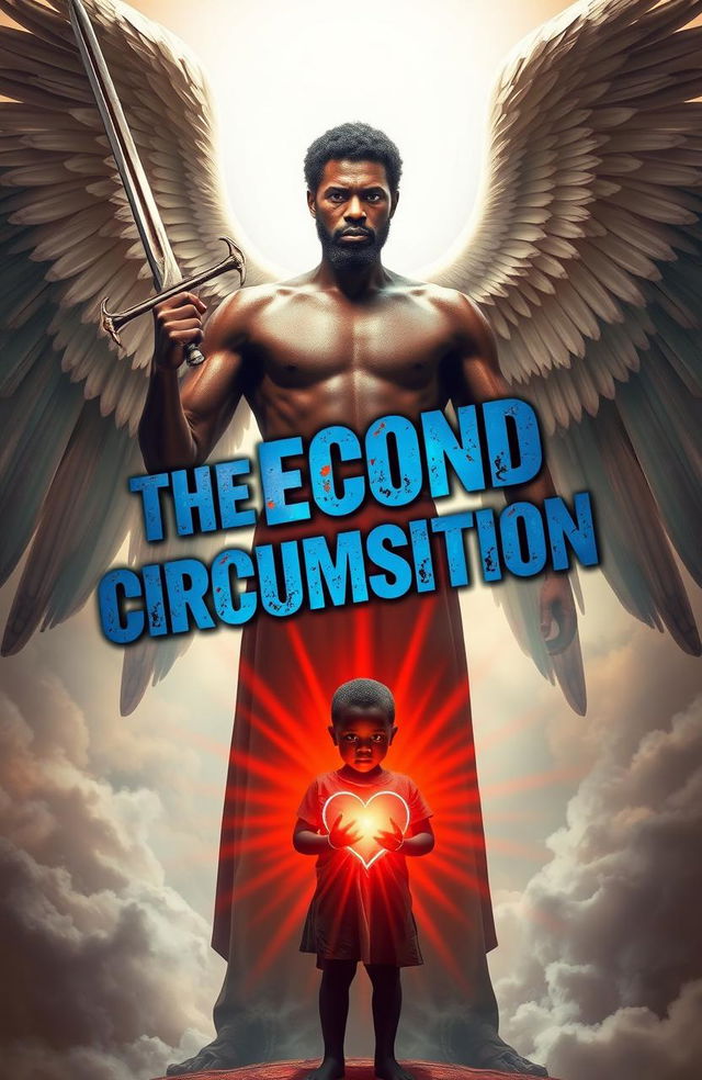 An angelic black man with a serene expression and majestic wings, standing tall with a raised double-edged sword, facing a young black boy who is projecting a glowing heart from his chest