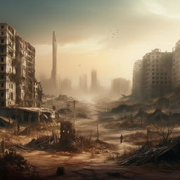 A desolate, apocalyptic landscape with remnants of civilization