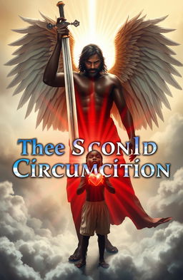 An angelic black man with a serene expression and majestic wings, standing tall with a raised double-edged sword, facing a young black boy who is projecting a glowing heart from his chest