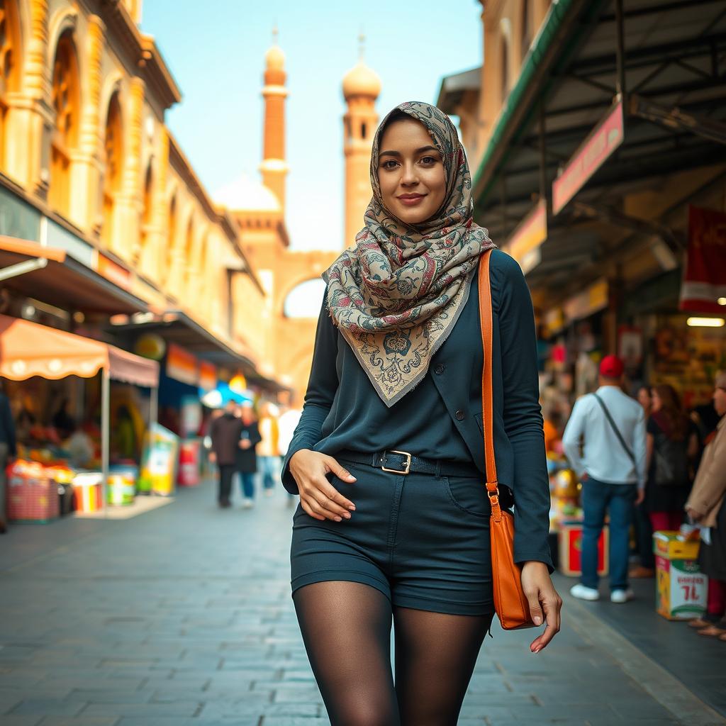 A Muslim girl wearing elegant pantyhose, strolling through the vibrant streets of Tehran