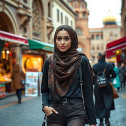 A Muslim girl wearing elegant pantyhose, strolling through the vibrant streets of Tehran