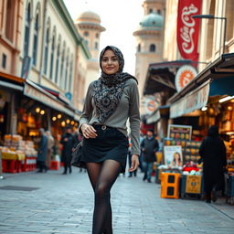 A Muslim girl wearing elegant pantyhose, strolling through the vibrant streets of Tehran