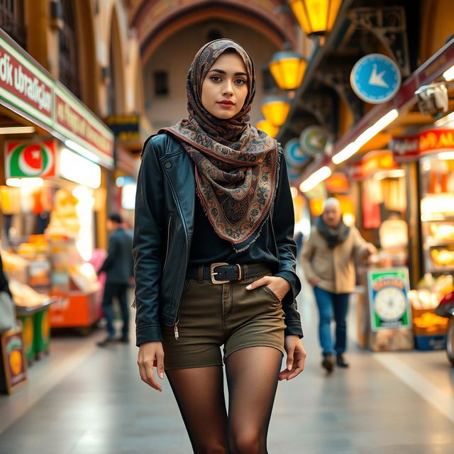 A Muslim girl wearing elegant pantyhose, strolling through the vibrant streets of Tehran