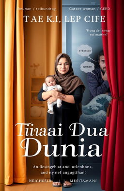 A book cover split into two contrasting sides, separated by a single curtain vertically aligned with the center