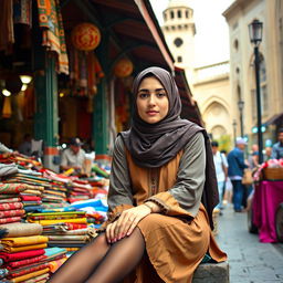 A Muslim girl wearing traditional attire, sitting gracefully in a vibrant outdoor market in Tehran, surrounded by colorful fabrics and decorative items