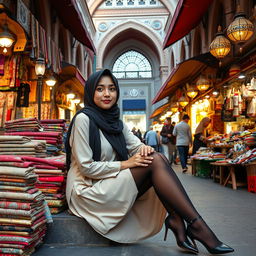 A Muslim girl wearing traditional attire, sitting gracefully in a vibrant outdoor market in Tehran, surrounded by colorful fabrics and decorative items