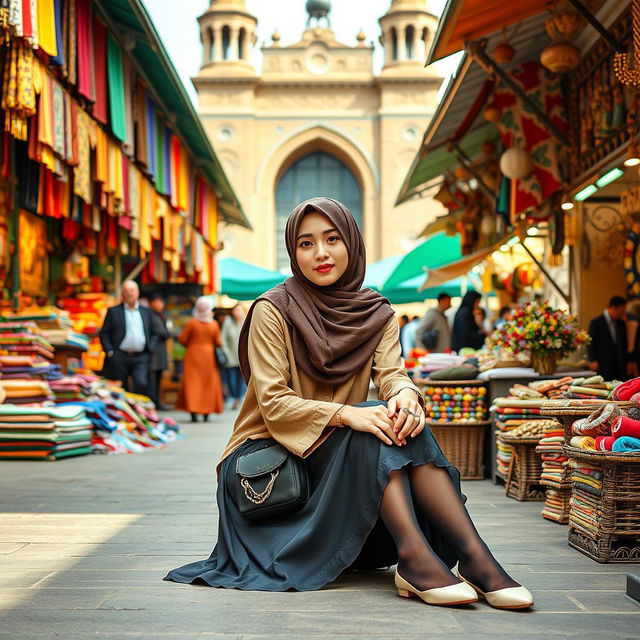 A Muslim girl wearing traditional attire, sitting gracefully in a vibrant outdoor market in Tehran, surrounded by colorful fabrics and decorative items